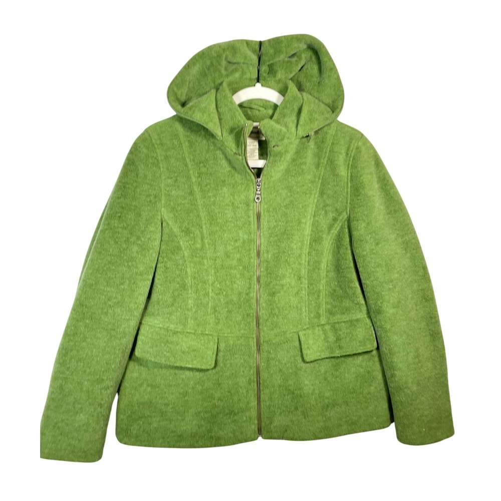 L.L.Bean Womens Petite Medium Green Wool Blend Hooded Zip Up‎ Jacket Coat